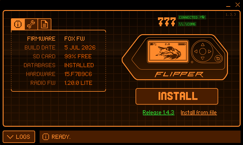 qFlipper showing FoxFW installed and connected