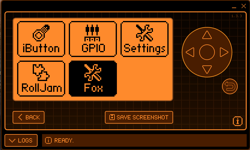 Settings menu with iButton, GPIO, RollJam, and Fox